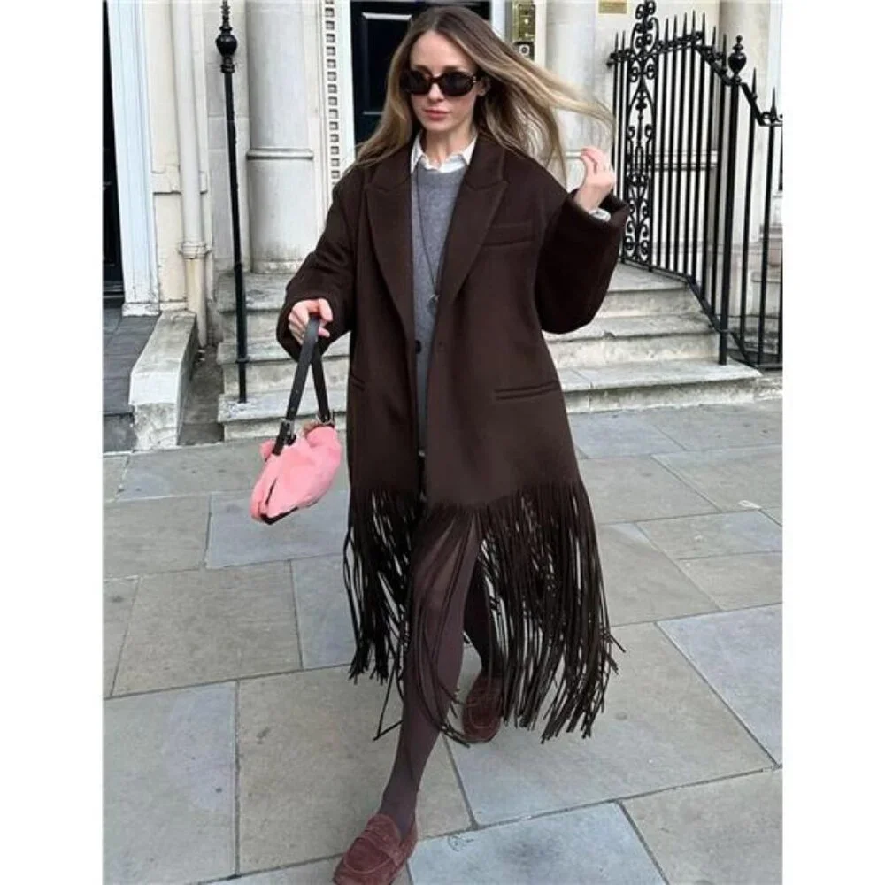 Women's Long Coat Notch Lapel Single-Breasted Jacket Brown - Picture 4 of 7